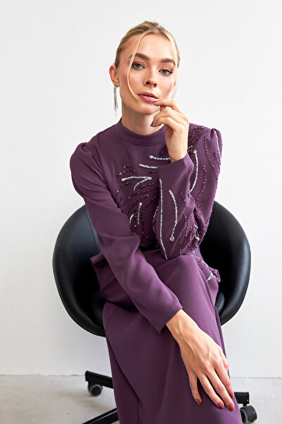 VAVİNOR Βραδινό φόρεμα Lilac Zeren Stone κεντημένο