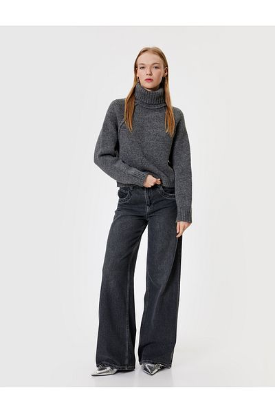 Koton Soft Textured Turtleneck Sweater - Raglan Sleeves with Stitching Detail