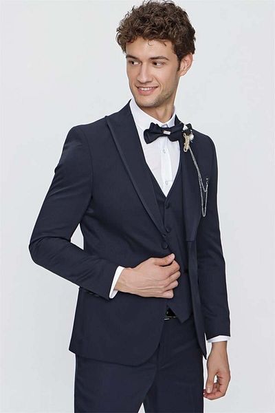İmza Dark Navy Dobby Swallow Collar Lined Slim Fit Vest 1001220203