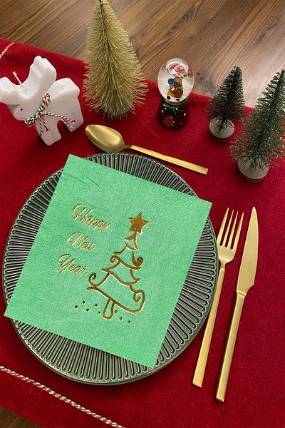 Parti dolabı Set of 16 Green Gold Gilded Happy New Year Printed Napkins Christmas Table Decoration Paper Napkin 33X33