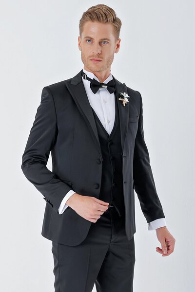 İmza Siyah Desenli Armürlü Çıkarılabilir Kırlangıç Yaka 6 Drop Slim Fit Smoki...