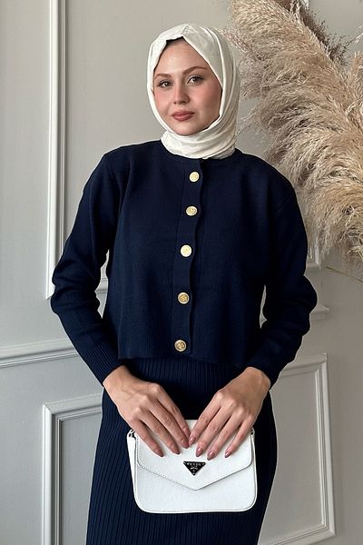 InStyle Cardigan, žebrovaný, dvojitý, tmavě modrý, úplet