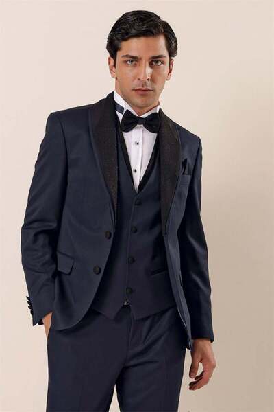 İmza Σκούρο Ναυτικό Μπλε Γιλέκο με Σχέδιο 6 Drop Slim Fit Σμόκιν Γαμπριάτικο ...