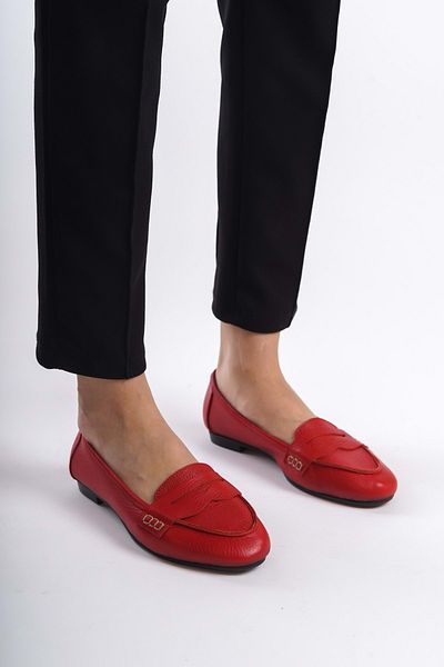 ANALİN SHOES Red Genuine Leather Saddled Comfortable Women's Ballerinas