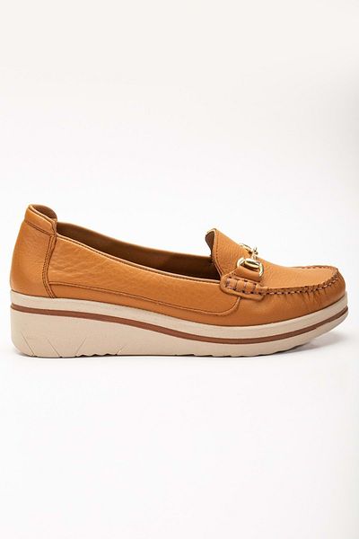 ANALİN SHOES Дамски мокасини от естествена кожа - с катарама, танкетка и удобни кафяви обувки