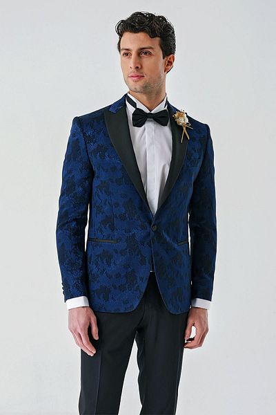 İmza Dark Navy Blue Removable Swallow Collar Lycra 6 Drop Slim Fit Tuxedo Groom Suit1001240204
