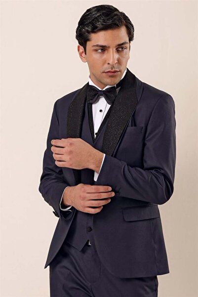 İmza Dark Navy Patterned Vest 6 Drop Slim Fit Tuxedo Groom Suit 1001230203