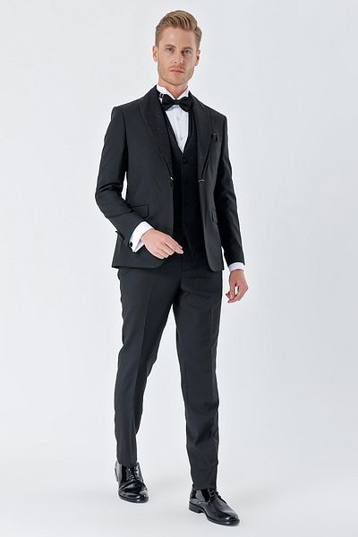İmza Black Striped 6 Drop Slim Fit Tuxedo Groom Suit with Removable Shawl Collar Vest 1001230212