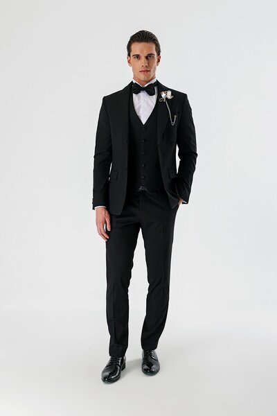 İmza Siyah Çıkarılabilir Şal Yaka Yelekli Likralı 6 Drop Slim Fit Smokin Dama...