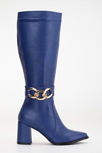ANALİN SHOES Saks Сині шкіряні жіночі чоботи з пряжкою