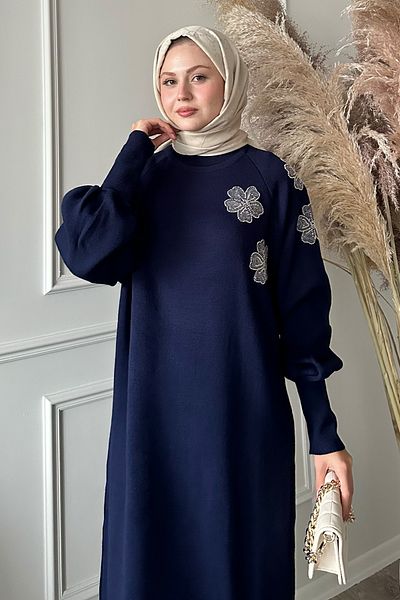 InStyle Flower Jewelled Balloon Sleeve Navy Blue Knitwear Dress