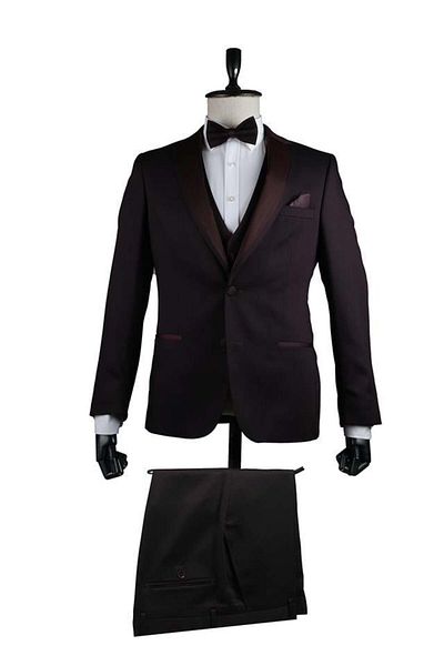 İmza Vestă căptușită cu guler mono burgundă, smoking slim fit, costum de mire 1001200937