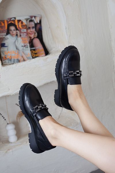 Adım Adım Women's Genuine Leather Daily Black Loafer with Metal Accessories
