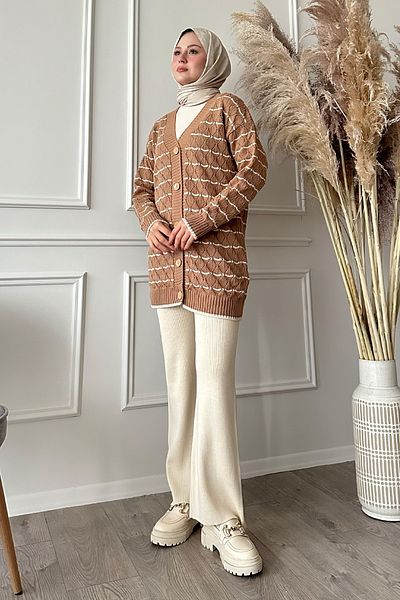 InStyle Ζακέτα με ριγέ πλεκτό καμήλας με διαμάντι