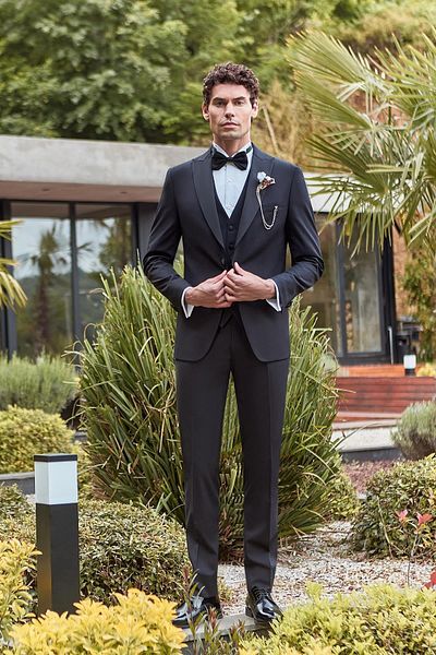 İmza Black Detachable Swallow Collar Vest Lycra 6 Drop Slim Fit Tuxedo Groom Suit1001240200