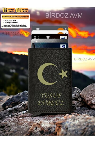 Personalized Name Gift Black Card Wallet with Ayyıldız Design Mechanism