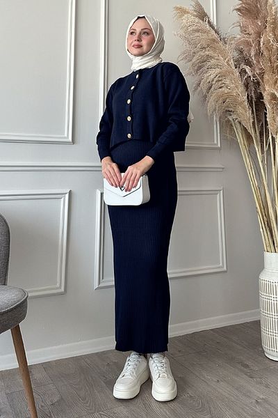 InStyle Cardigan, žebrovaný, dvojitý, tmavě modrý, úplet
