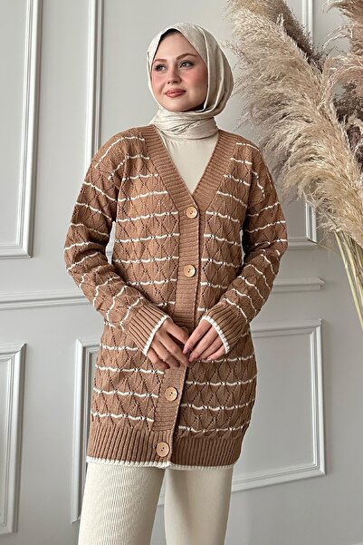 InStyle Ζακέτα με ριγέ πλεκτό καμήλας με διαμάντι