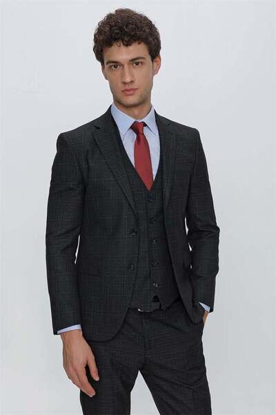 İmza 6 Drop Slim Fit Black Plaid Mono Collar Suit - With Vest, Full Lining100...