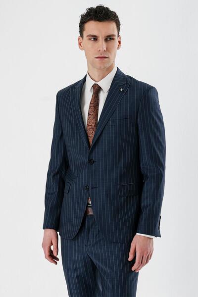 İmza Koyu Lacivert Kırlangıç Yaka Yünlü Likralı 6 Drop Slim Klasik Takım Elbi...