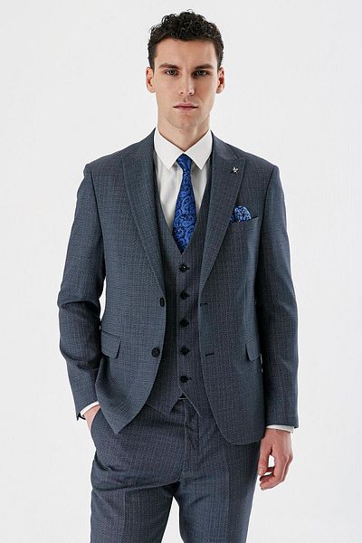 İmza Dark Navy Blue Swallow Collar Vest 6 Drop Slim Fit Classic Suit 1001240157