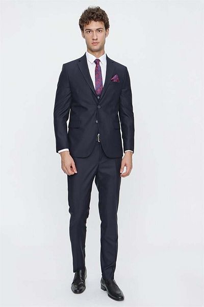 İmza Navy Blue Mono Collar Lined Vest 6 Drop Slim Fit Slim Cut Suit 1001220186