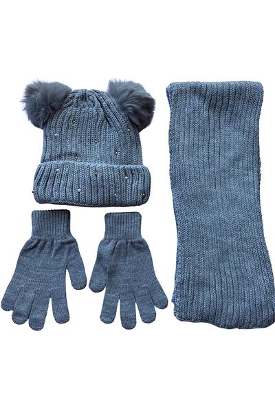 Kitti Gray Beanie Set for Girls 9-15 Years - Polar Acrylic, Pompom, 3-Piece Gloves and Scarf Set