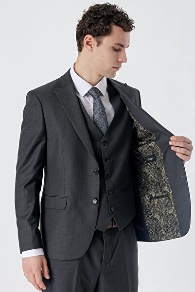 İmza Koyu Antrasit Kırlangıç Yaka Yelekli 6 Drop Slim Fit Dar Kesim Klasik Takım Elbise 1001235166