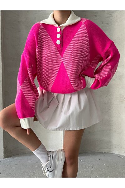 BEJNA Women's Fuchsia Oversize Patterned Polo Collar Sweater