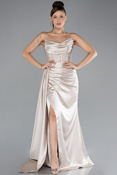 Abiyefon Bej Straplez Drapeli Uzun Saten Abiye ABU2127