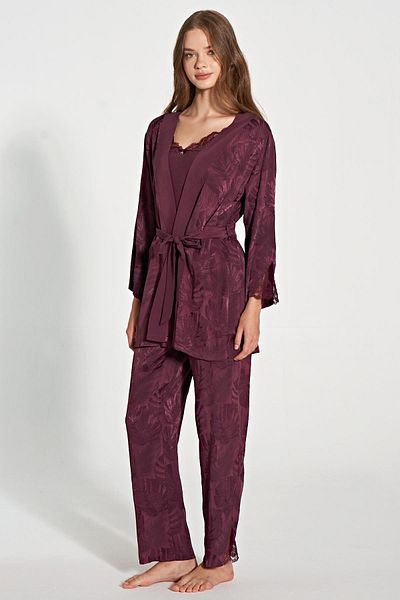 Feyza Women's 3-Piece Woven Jacquard Plum Dressing Gown & Pajama Set C6T2N1O5