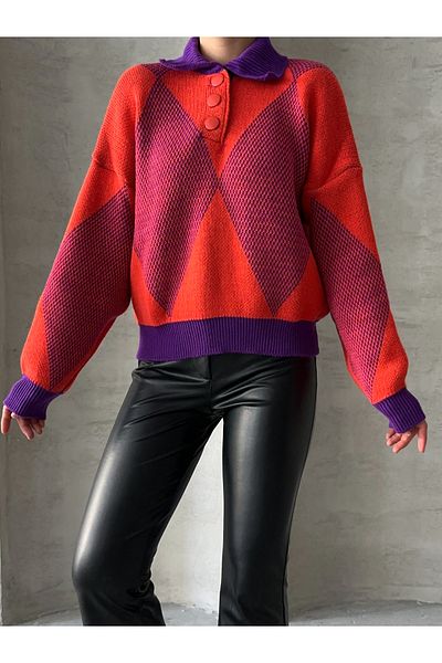 BEJNA Orangefarbener Oversize-Pullover mit Polokragen für Damen