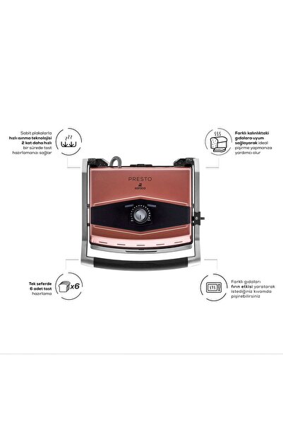 Karaca Presto 2001 Izgara Ve Tost Makinesi Rose Gold 2000 W 6 Dilimli