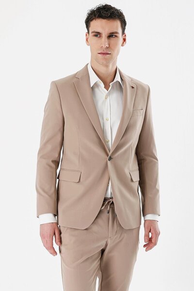 İmza Taş Rengi Mono Yaka Çift Yırtmaç Likralı 6 Drop Slim Fit Dar Kesim Klasik Takım Elbise 1001240164