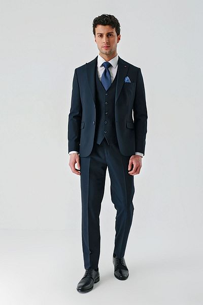 İmza Dark Navy Blue Swallow Collar Vest Lycra 6 Drop Slim Fit Classic Suit1001240168