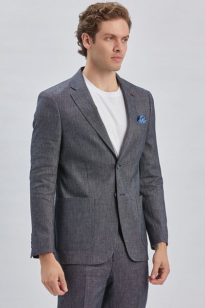 İmza Dark Navy Dobby Mono Collar Linen Blended 6 Drop Slim Fit Casual Suit