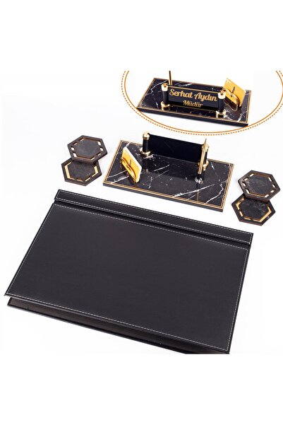 Ofistike Fox Siyah Deri Sümen Takımı Gold Mermer Desen Ahşap İsme Özel Masa İ...
