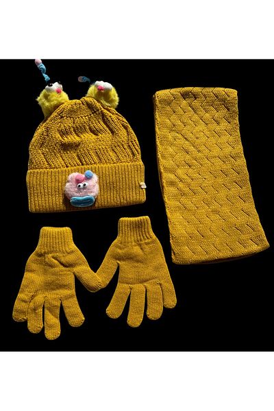 Kitti Polar Bare Acrylic Pompom Scarf Gloves for 4-8 Years Old Girl - Yellow 3-Piece Set