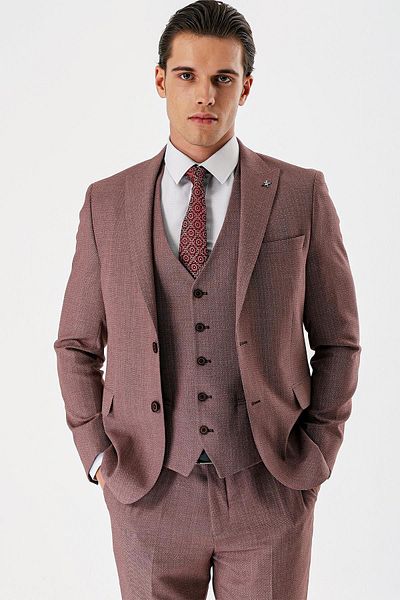 İmza Dark Mink Pattern Swallow Collar Vest with 6 Drop Slim Fit Slim Fit Classic Suit1001240157