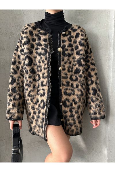 BEJNA Damen-Strickjacke in Übergröße mit Leopardenmuster