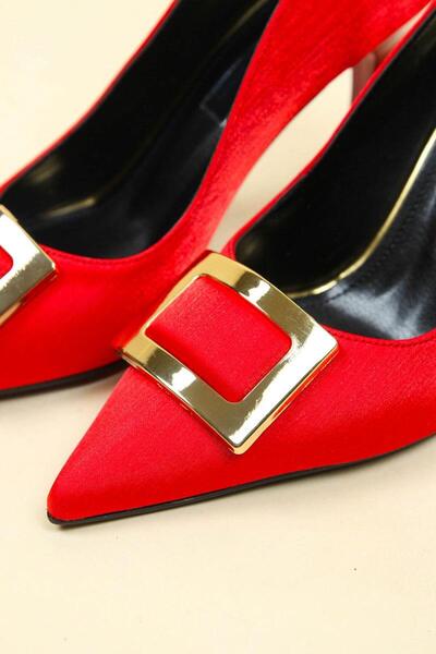 Birikon Gold Tokalı Saten Stiletto KIRMIZI