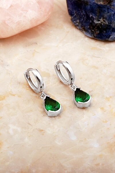 Sümer Telkari Zümrüt Taşlı Damla Rodyumlu Gümüş Küpe 7100