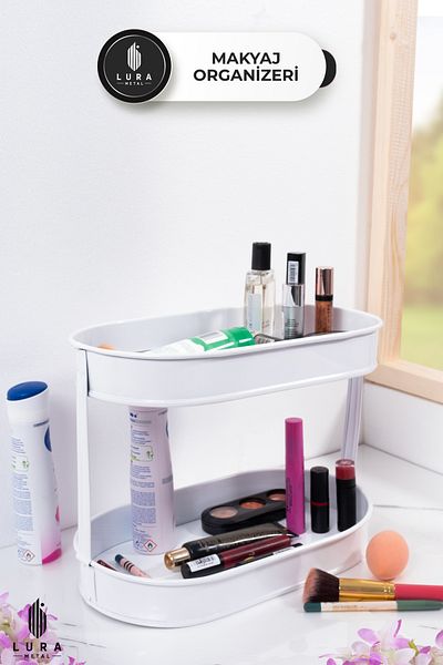 Lura Metal Organizator de machiaj și bijuterii din metal alb cu 2 niveluri 24x32 cm - Soluție de aranjare elegantă și practică
