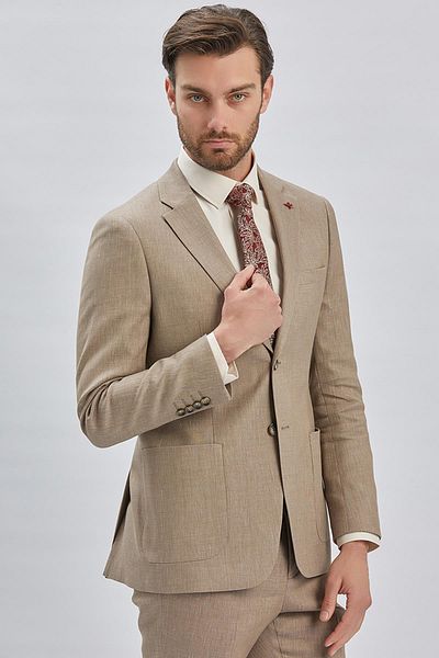 İmza Μπεζ λινό ανάμεικτο - Μονό γιακά Slim Fit Casual κοστούμι 1001240169
