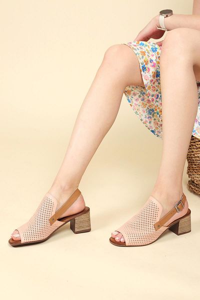 Birikon Genuine Leather Laser Open Toe Heeled Shoes PUDRA