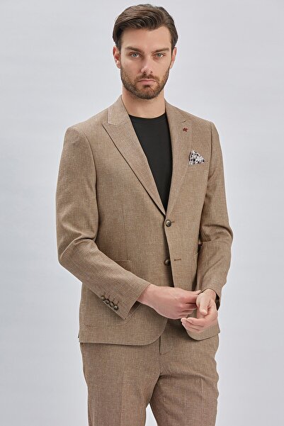 İmza Kahverengi Kırlangıç Yaka Pamuklu Keten 6 Drop Slim Fit Dar Kesim Klasik Takım Elbise 1001240103