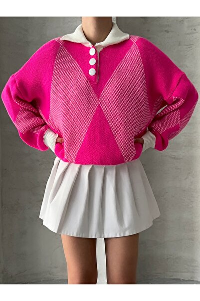 BEJNA Women's Fuchsia Oversize Patterned Polo Collar Sweater