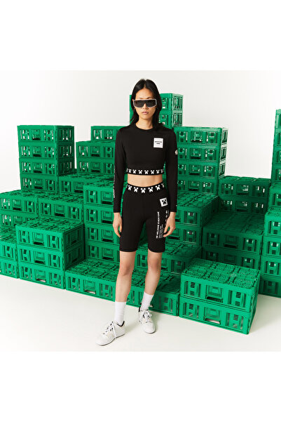 Lacoste X Minecraft Kadın Slim Fit Baskılı Siyah Şort