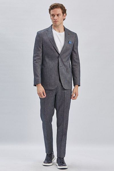 İmza Dark Navy Dobby Mono Collar Linen Blended 6 Drop Slim Fit Casual Suit