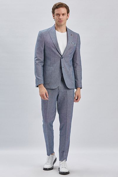 İmza Dark Navy Blue 6 Drop Slim Fit Cotton Linen Suit - Swallow Collar1001240103